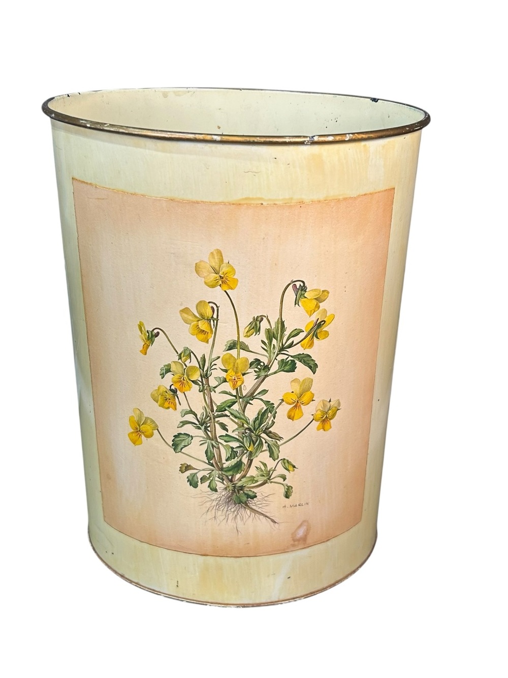 Floral Metal Wastebasket Mid Century Modern MCM Tole Style Trash Can 15”